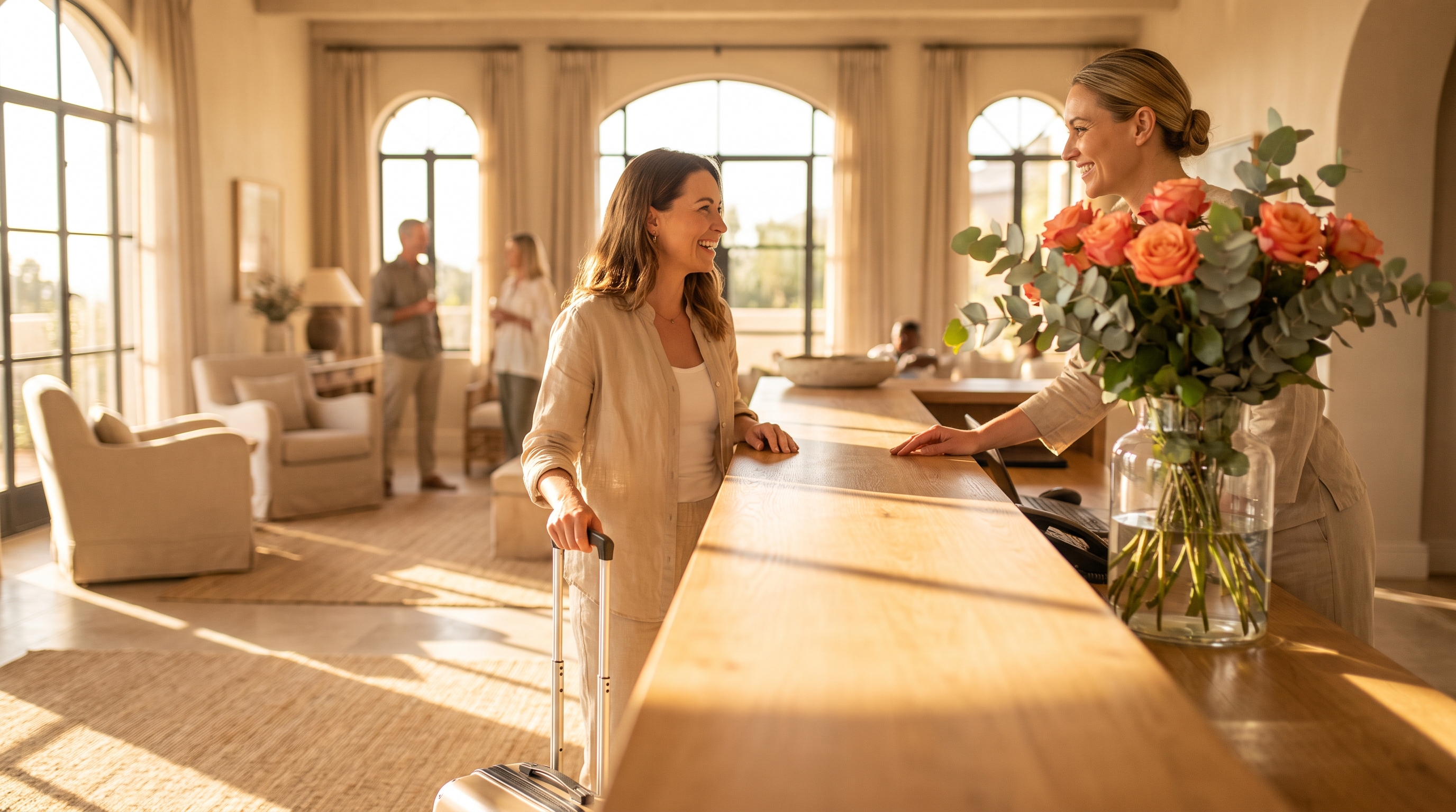 A hotelier checking in a guest booked through a creator's tracked link